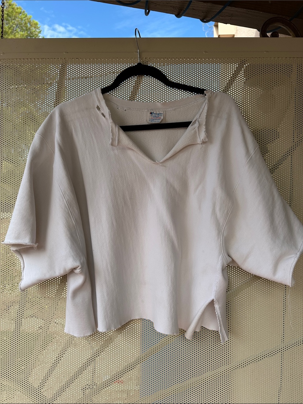 Champion Thick Thrifted White Distressed V-Neck Top